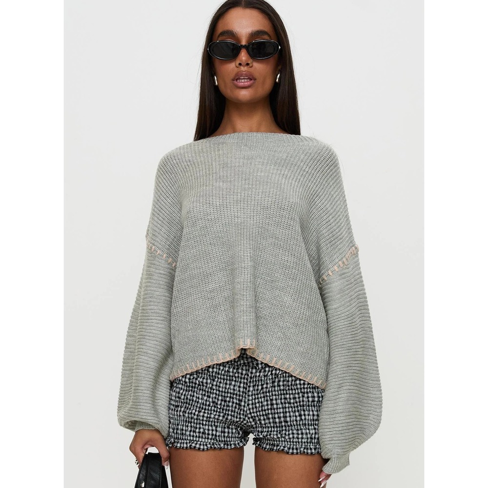 Princess Polly Gray Chunky Oversized Knit Puff Sleeves Crewneck Sweater M/L